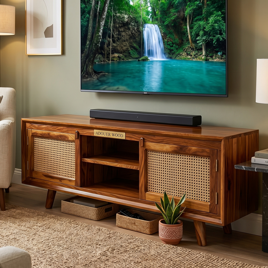 Wooden TV stand with a nature-themed screen in a living room setting