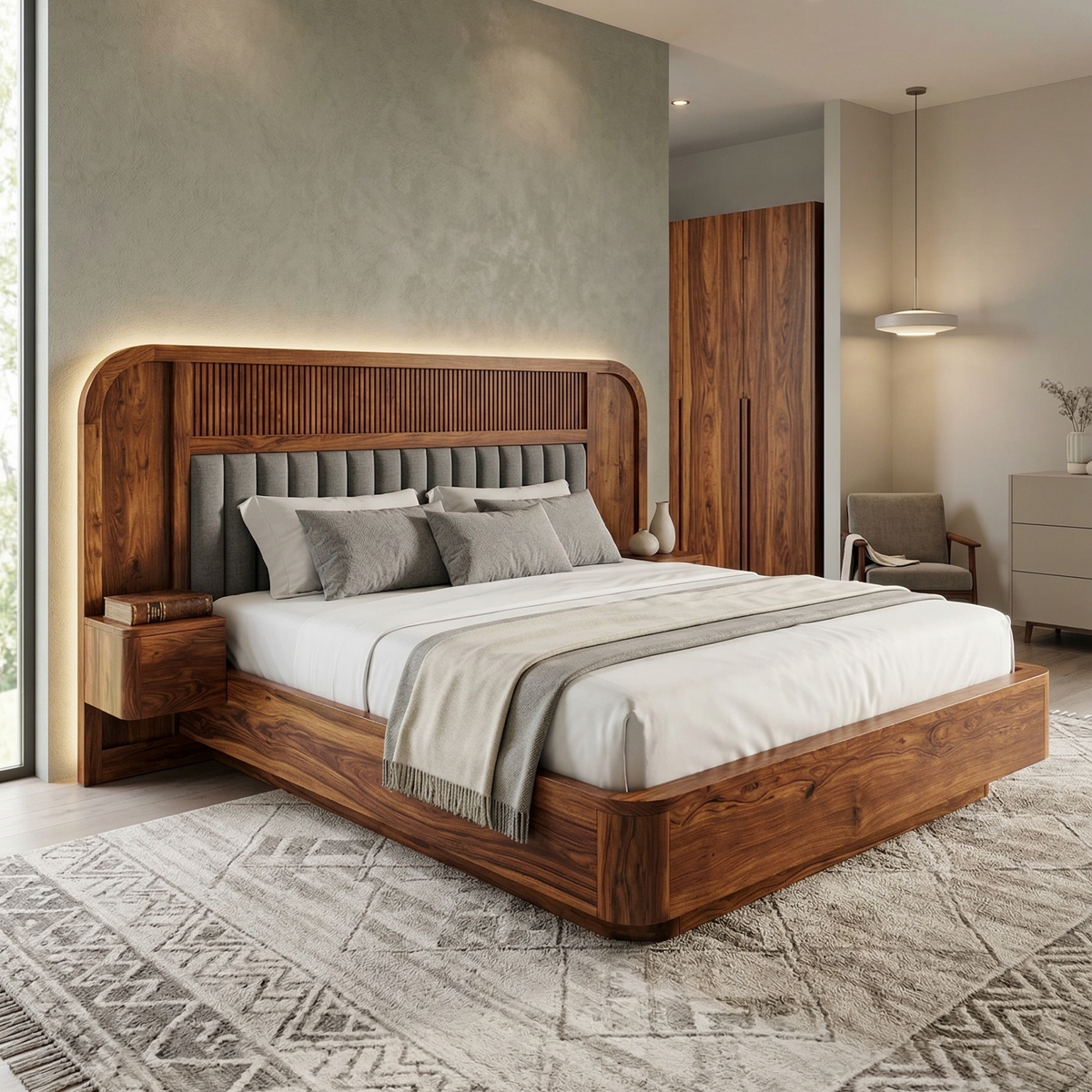 Wooden bed with gray bedding in a modern bedroom setting