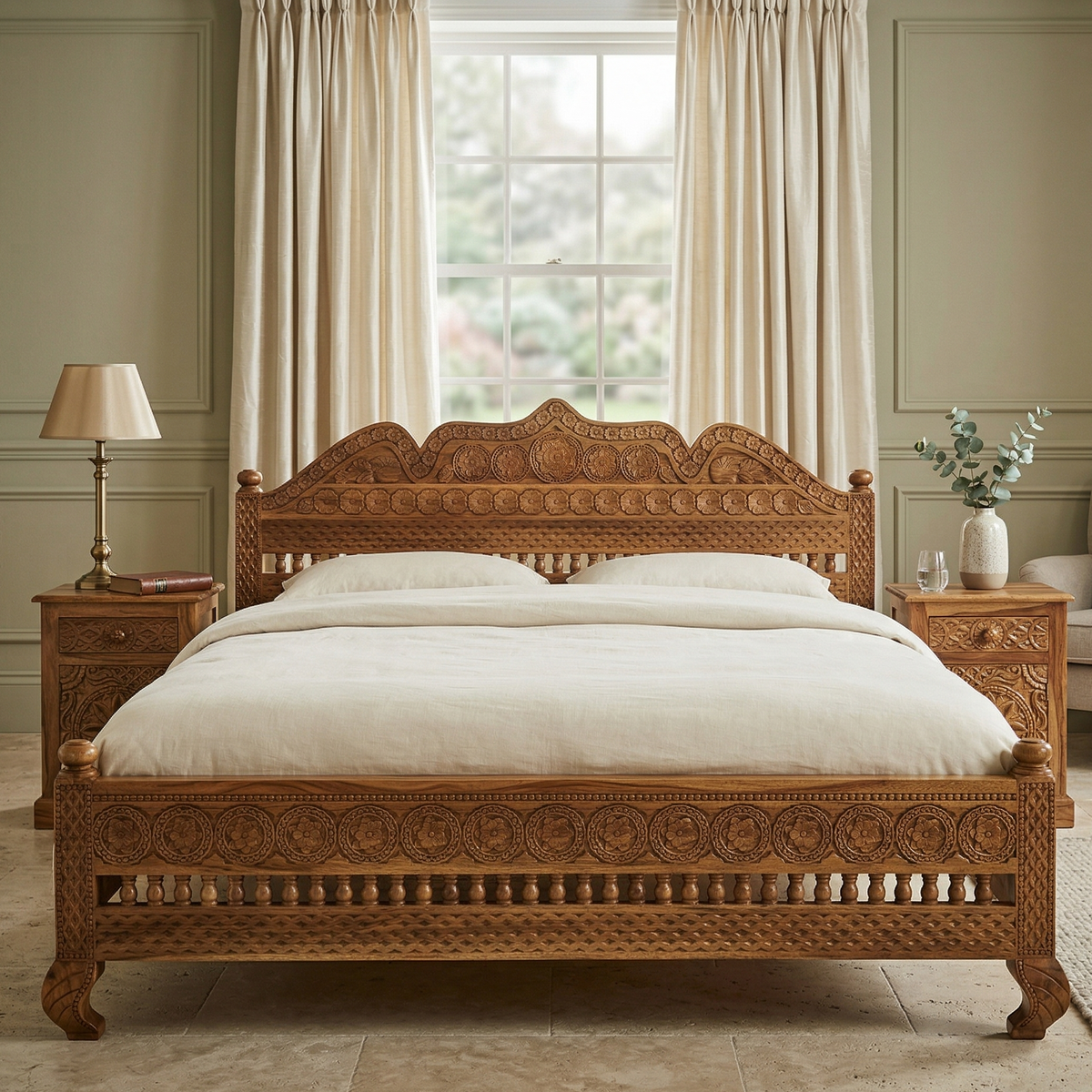Wooden bed with intricate carvings in a bedroom setting with curtains and lamp.