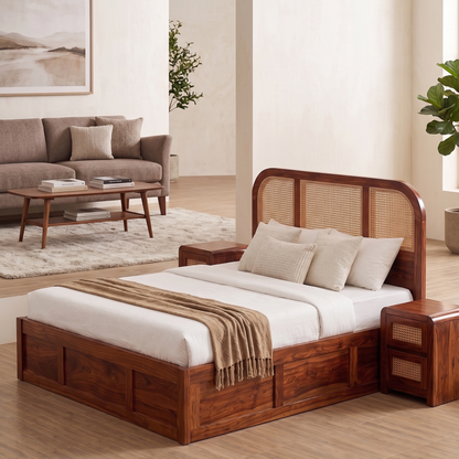 Wooden bed with wicker headboard in a living room setting
