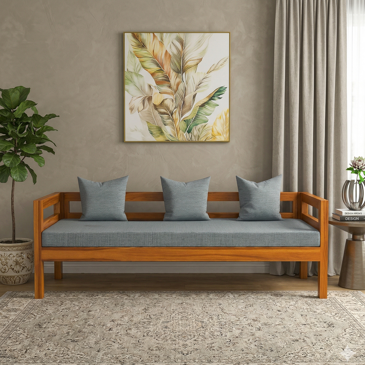 Wooden bench with gray cushions in a room with a painting on the wall and a plant.
