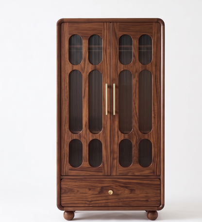 Wooden cabinet with glass panels and gold handles 