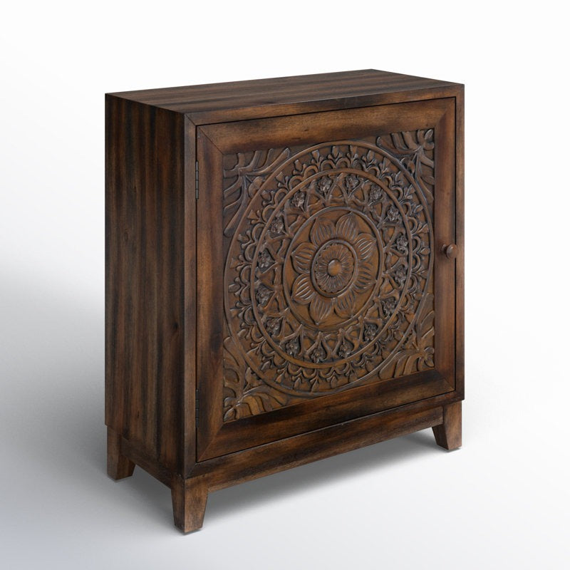 Wooden cabinet with intricate carvings on a white background