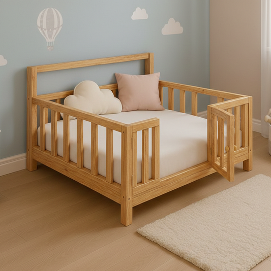 Wooden children's bed with white bedding in a room with light blue walls and a beige rug.