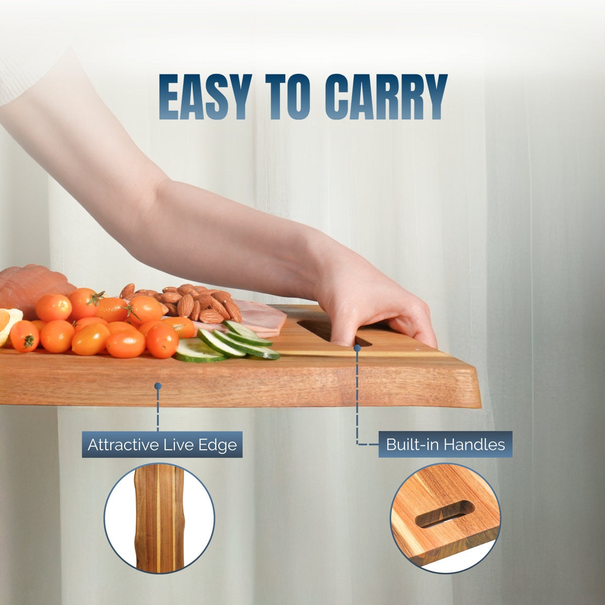 Wooden cutting board with hand holding it, surrounded by vegetables, and text 'Easy to Carry' on a light background.