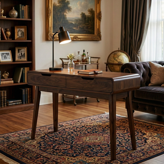 Wooden desk in a cozy living room with books, a lamp, and decorative items.