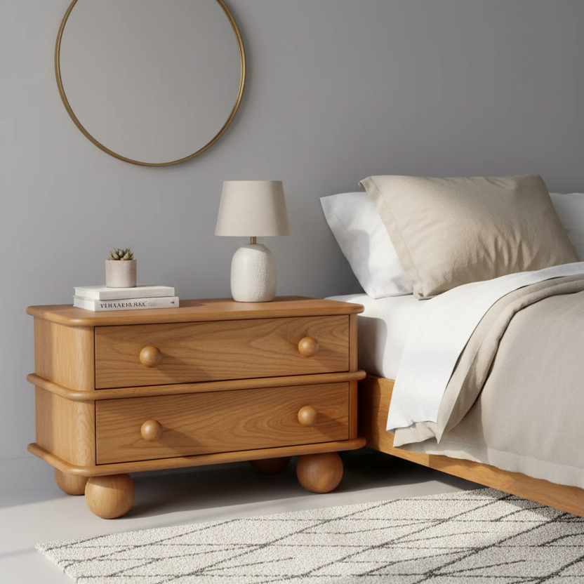 Wooden nightstand with two drawers next to a bed in a bedroom setting.