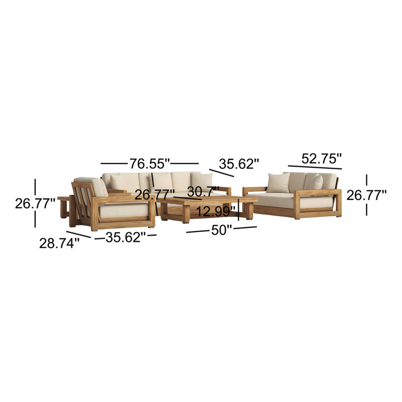 Wooden outdoor sofa set with dimensions labeled on a white background
