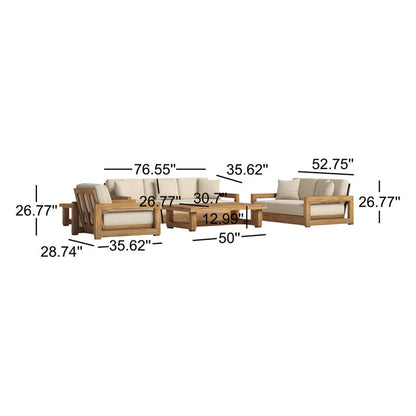 Wooden outdoor sofa set with dimensions labeled on a white background
