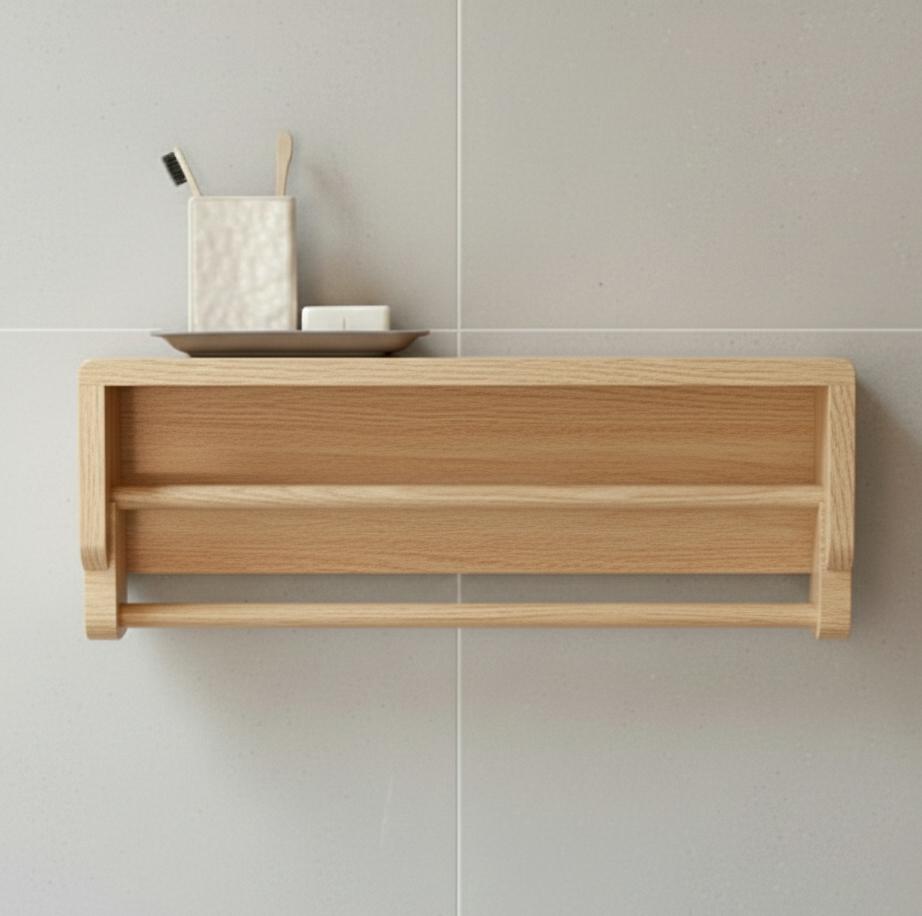 Wooden shelf mounted on a tiled wall with minimal decor.
