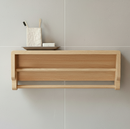 Wooden shelf mounted on a tiled wall with minimal decor.