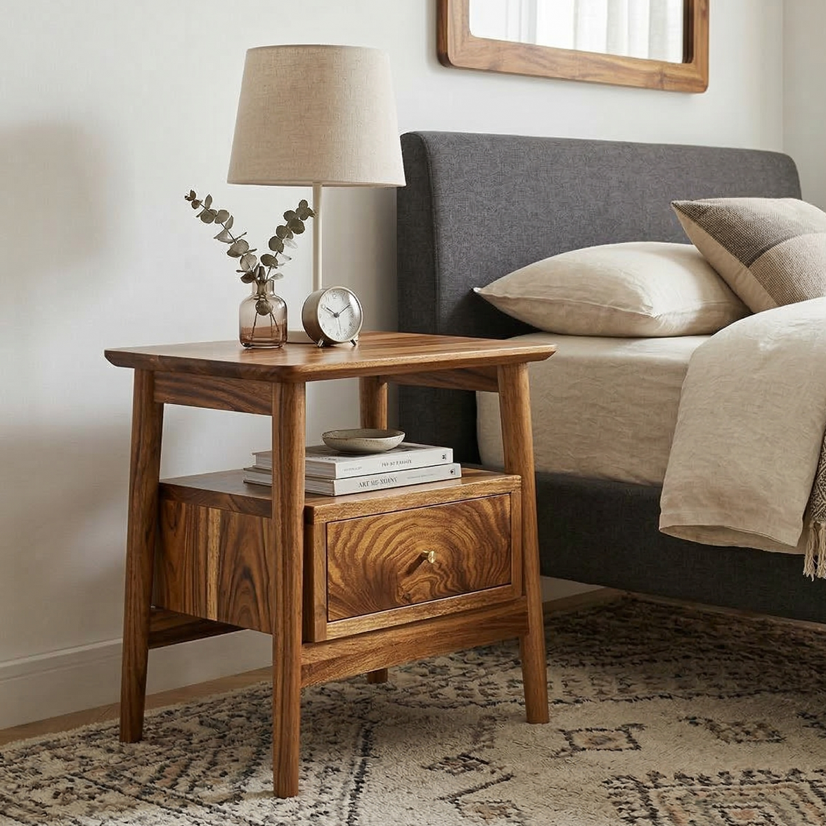 Wooden side table with lamp and books next to a bed with pillows and a mirror on the wall.