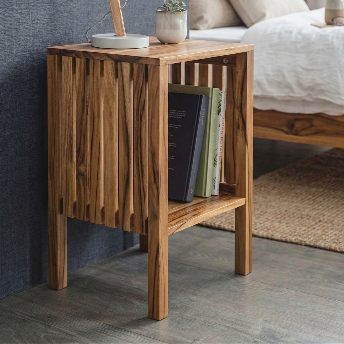Wooden side table with books against a bedroom background
