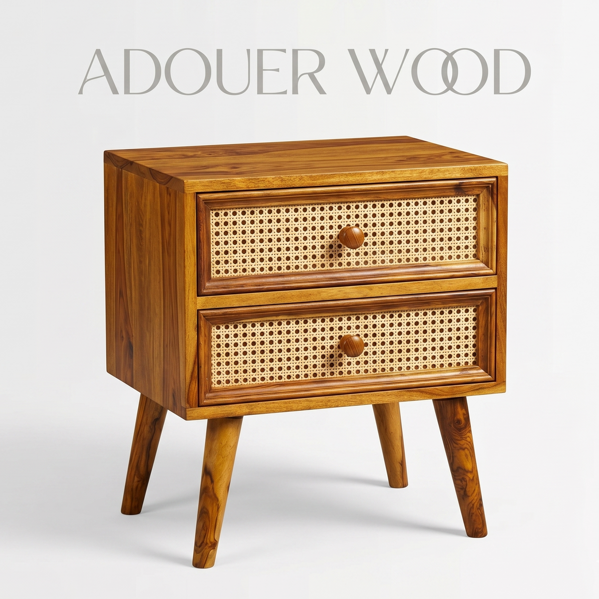 Wooden side table with wicker drawers on a light gray background, featuring the brand 'ADOUER WOOD '.