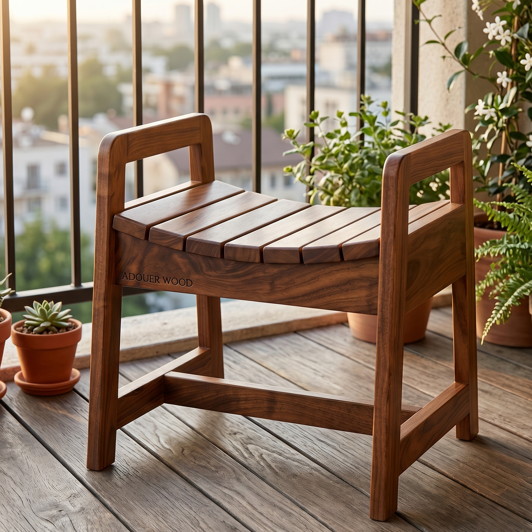 Wooden stool with 'natural Wood' branding on a balcony with plants and city view.