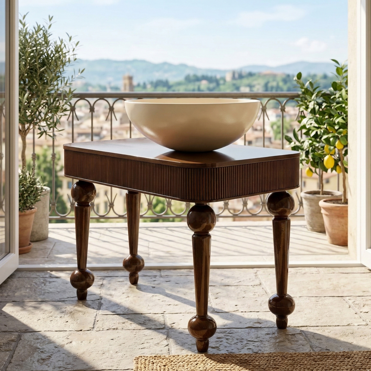 Wooden table with a large bowl on a balcony with a scenic view