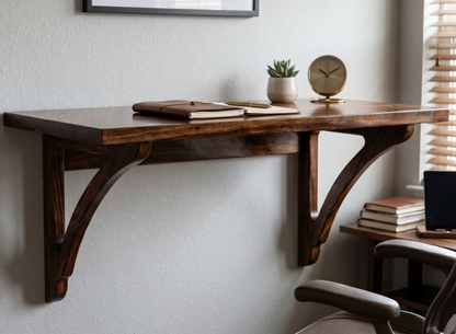 Wooden wall-mounted desk with a clock, plant, and books in a home office setting.
