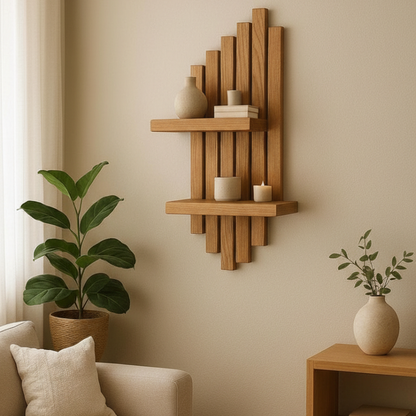 Wooden wall shelf with decorative items in a living room setting