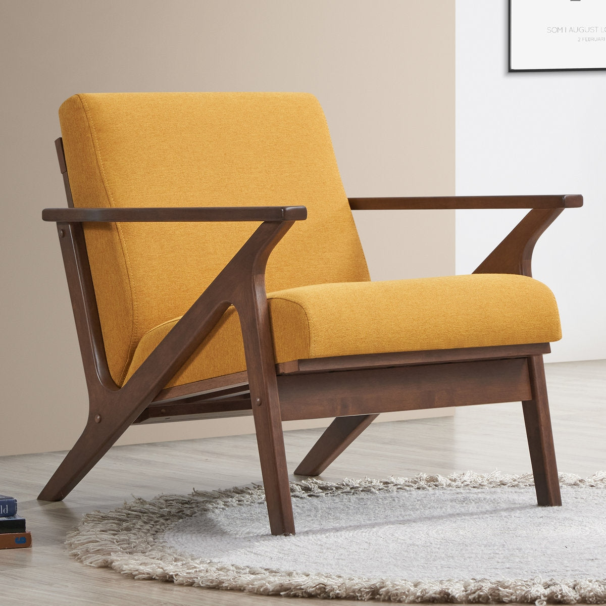 Yellow armchair with wooden frame on a light gray rug