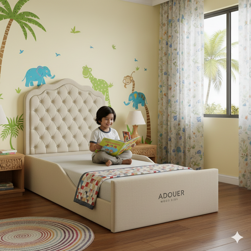 Child reading a book on a bed with animal wall decals in a child-friendly room.