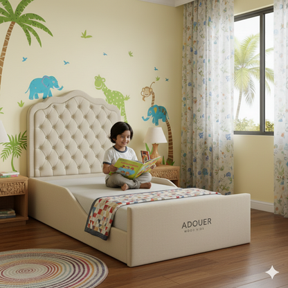 Child reading a book on a bed with animal wall decals in a child-friendly room.