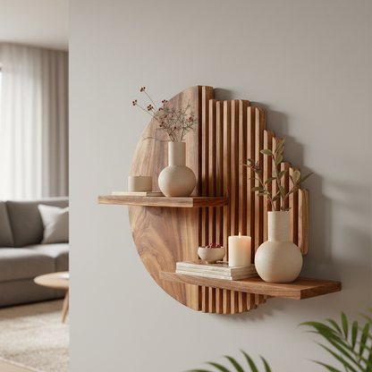 Wooden wall shelf with decorative items in a living room setting