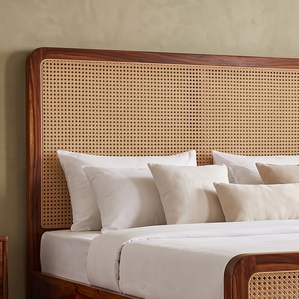 A close-up of a bed with white bedding and cream pillows, featuring a large wooden headboard with a woven cane or rattan center panel, set against a textured beige wall.