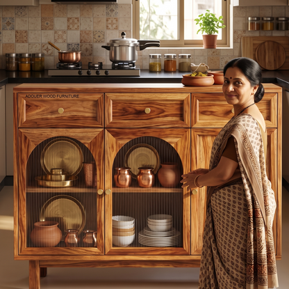 A woman in a beige patterned sari stands beside a large wooden kitchen cabinet in a styled kitchen setting. The cabinet has two glass-front lower doors and three drawers above, with copper and white dishes displayed inside.