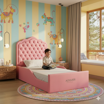 Child sitting on a pink bed in a colorful bedroom with striped walls and animal decorations.
