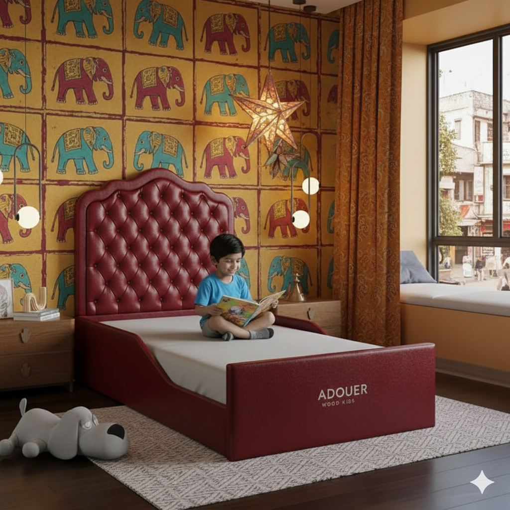 Child reading a book on a red bed with elephant-themed wallpaper in the background
