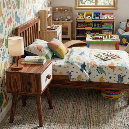 Children's bedroom with wooden bed, nightstand, and colorful bedding.