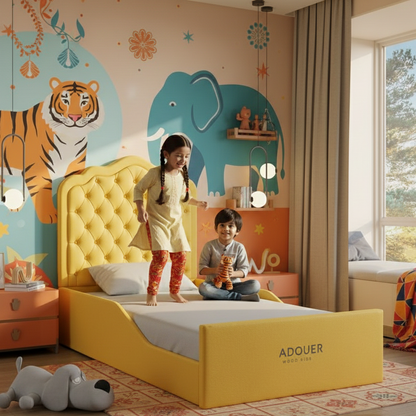 Children playing on a yellow bed in a room with animal murals on the wall.