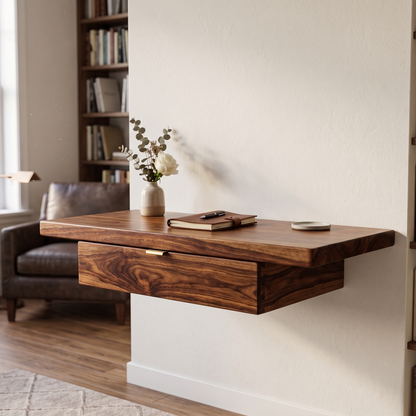Wooden wall-mounted desk in a home office setting with books and decor.