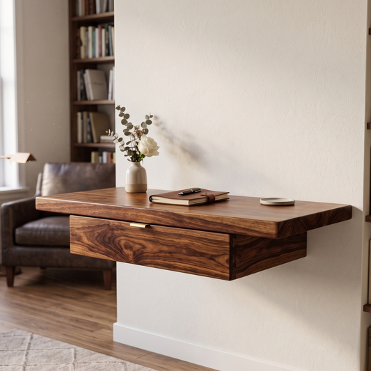 Wooden wall-mounted desk in a home office setting with books and decor.
