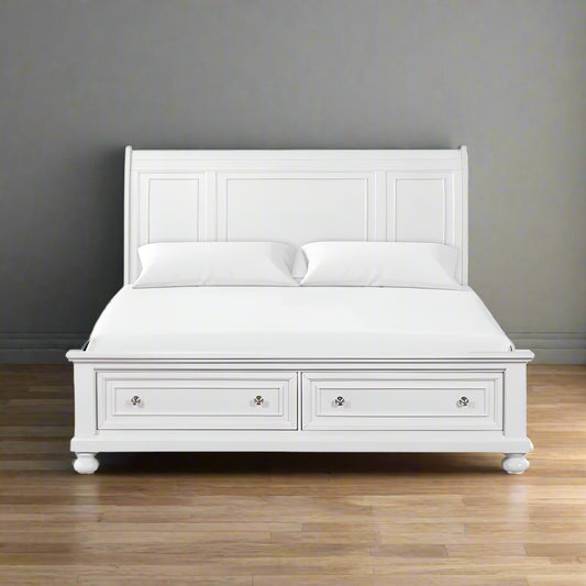 White finish solid sheesham wood classic bed with footboard storage drawers, shown without a mattress.