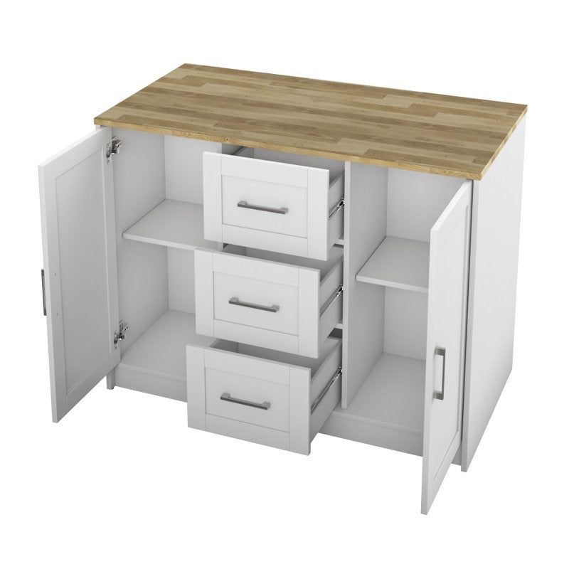 White kitchen cabinet with wooden countertop on a white background