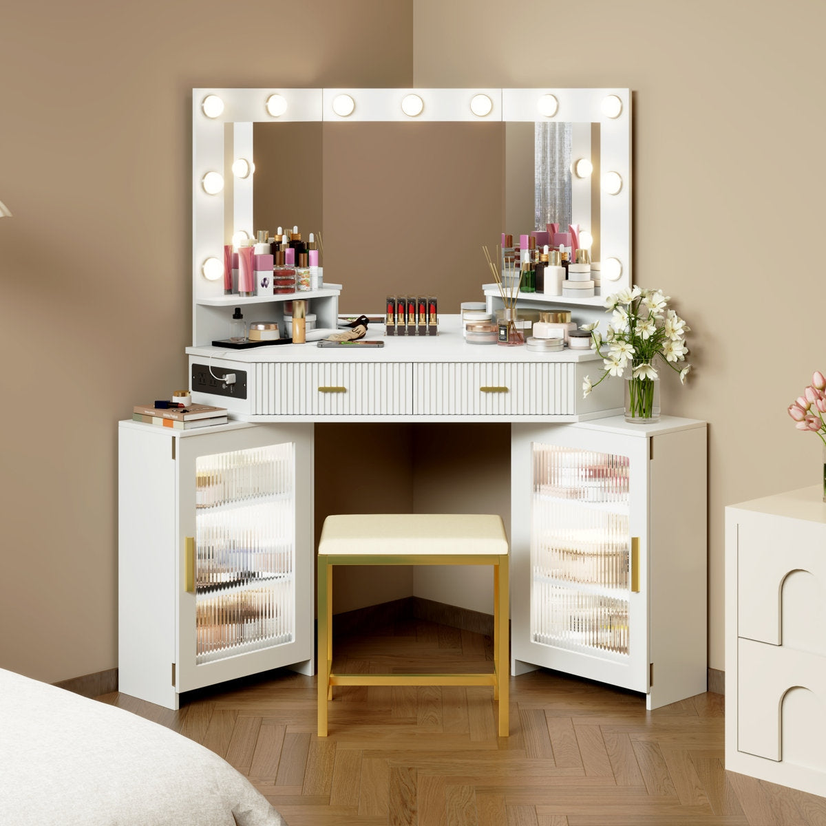 White vanity table with mirror and lights in a bedroom setting