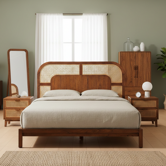 Wooden bed with wicker headboard in a bedroom setting