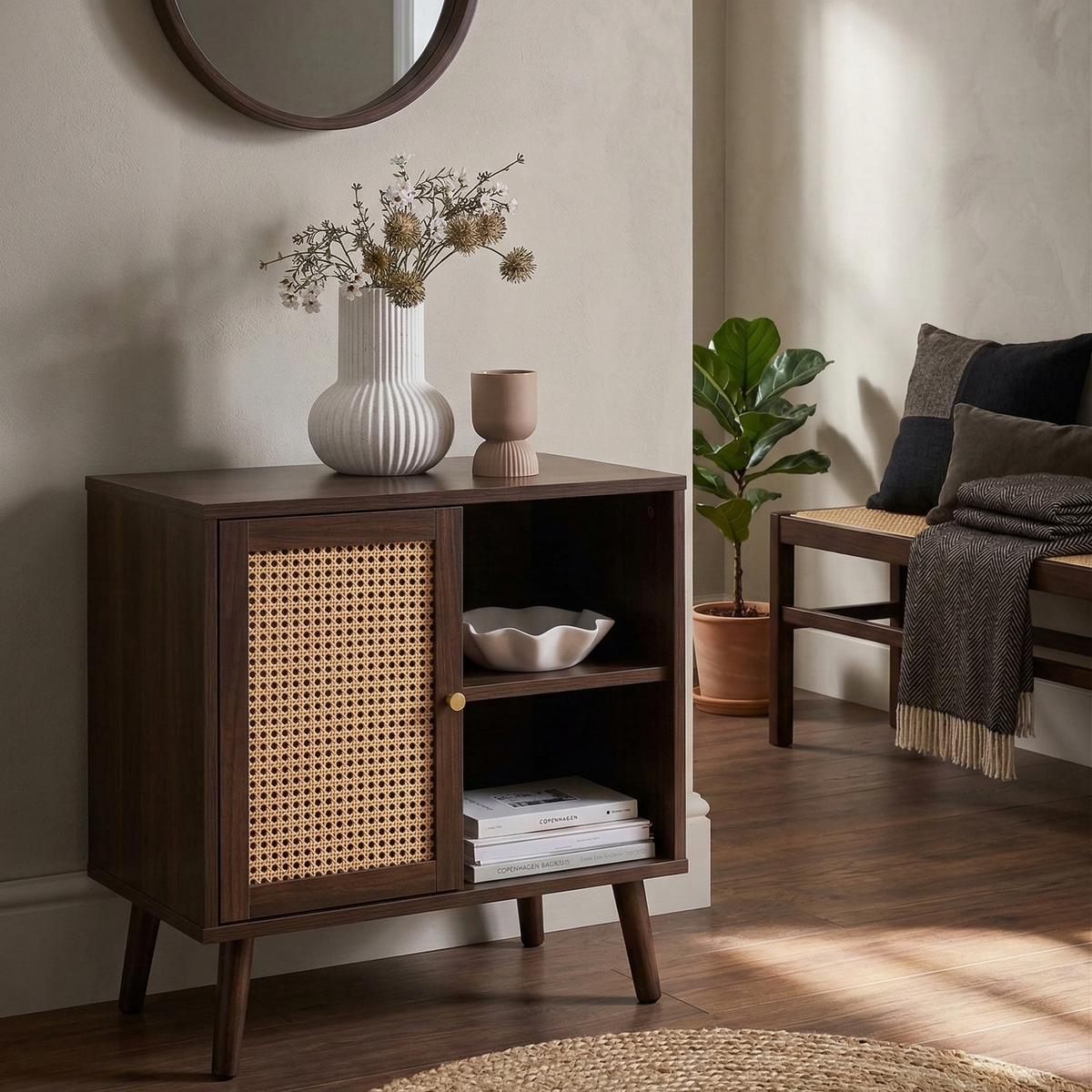 Wooden cabinet with wicker door in a living room setting