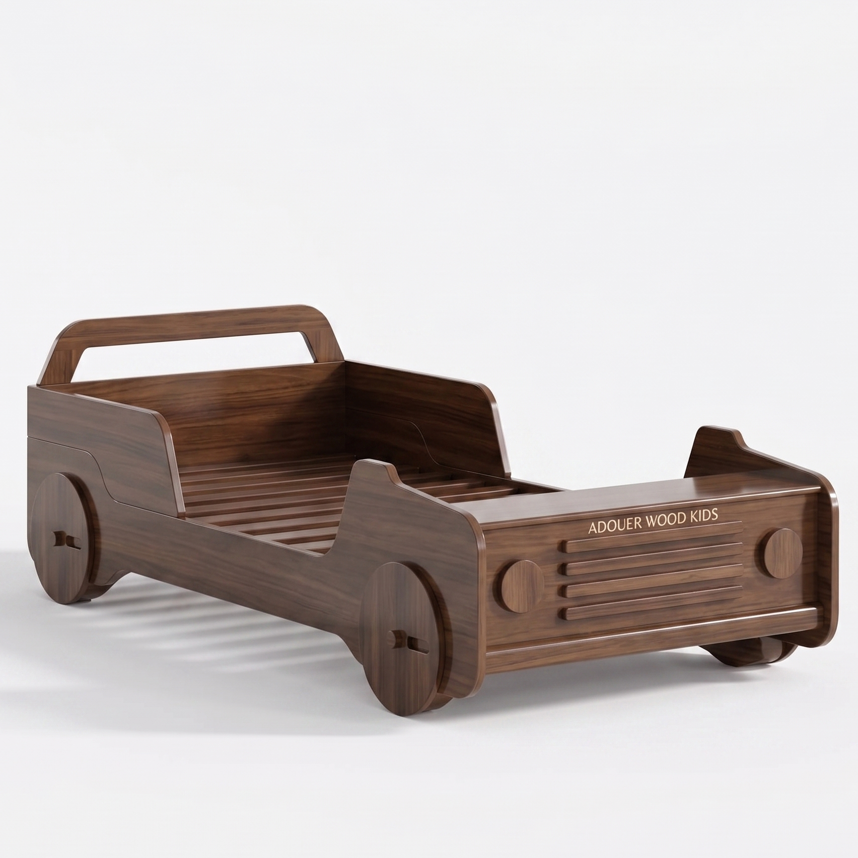 Wooden children's bed designed like a truck with 'ADOUER WOOD Kids' branding on a white background.