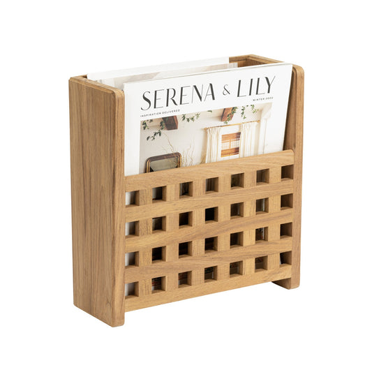 Wooden magazine holder with a Serena & Lily magazine on a white background