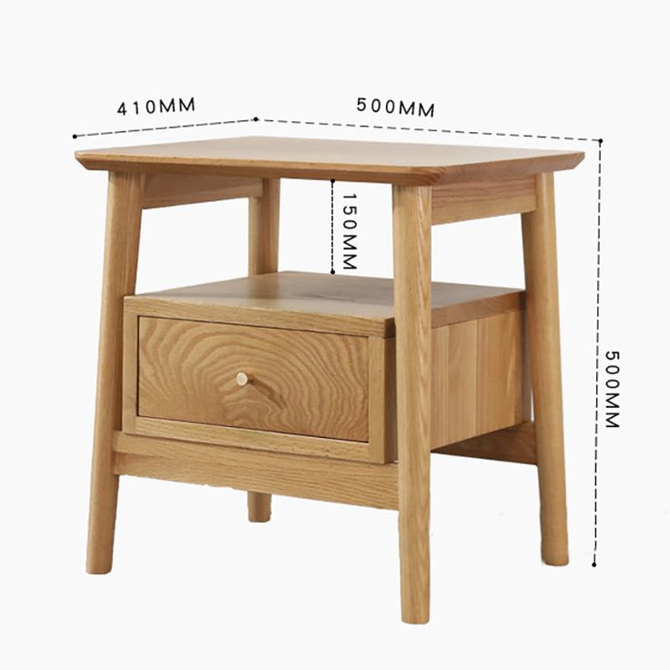 Wooden side table with dimensions indicated on a white background
