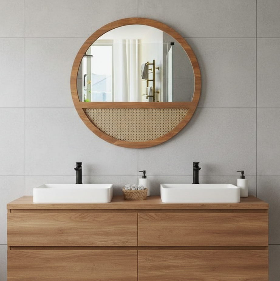 Bathroom vanity with round wooden mirror and two white sinks.