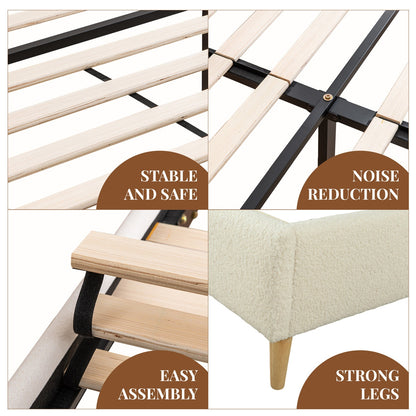 Bed frame with text labels on stability, noise reduction, assembly ease, and leg strength.