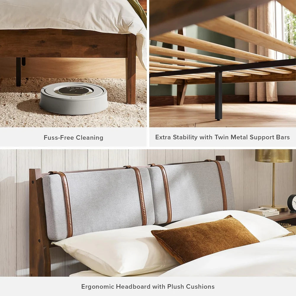 Bed with ergonomic headboard, cleaning robot, and metal support bars.