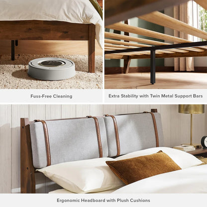 Bed with ergonomic headboard, cleaning robot, and metal support bars.