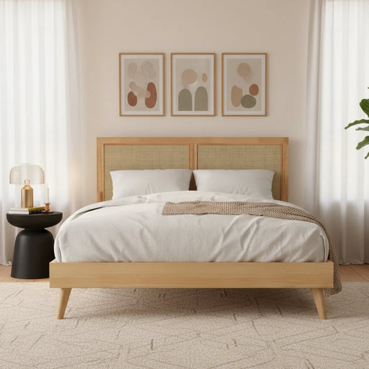 Bedroom with a wooden bed and white bedding, featuring abstract art on the wall.