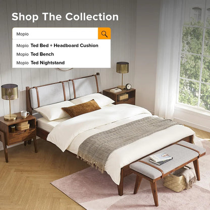 Bedroom with furniture including a bed, nightstands, and a bench, with a search bar overlay.