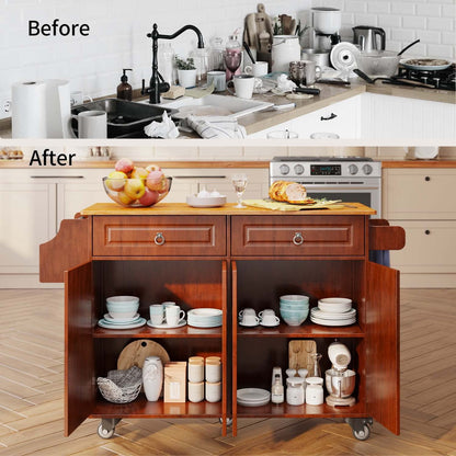 Before and after comparison of a kitchen setup with a wooden cart.