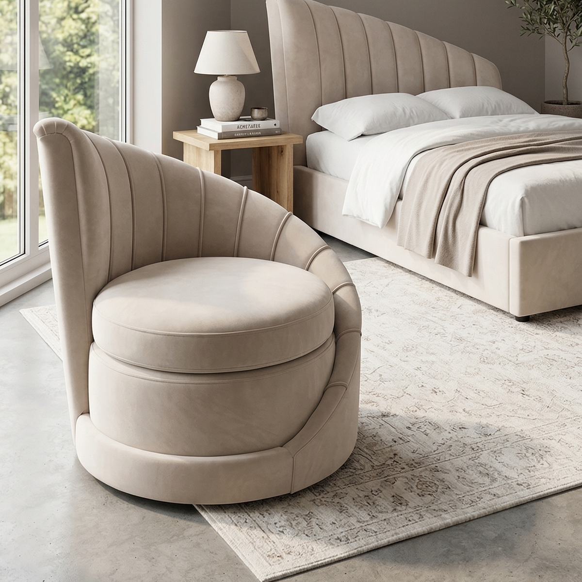 Beige armchair in a bedroom setting with a bed and lamp in the background.